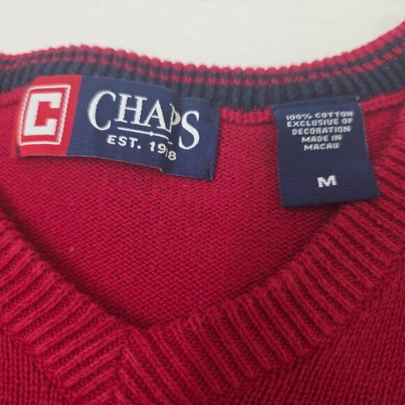 Chaps Classic Mens V Neck Sweater Size M Red 100% Cotton Loose Fitting - Picture 7 of 7